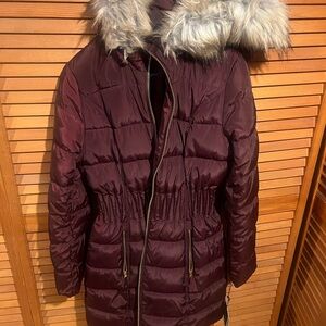 Women's Burgundy Puffer Coat with Faux Fur Hood